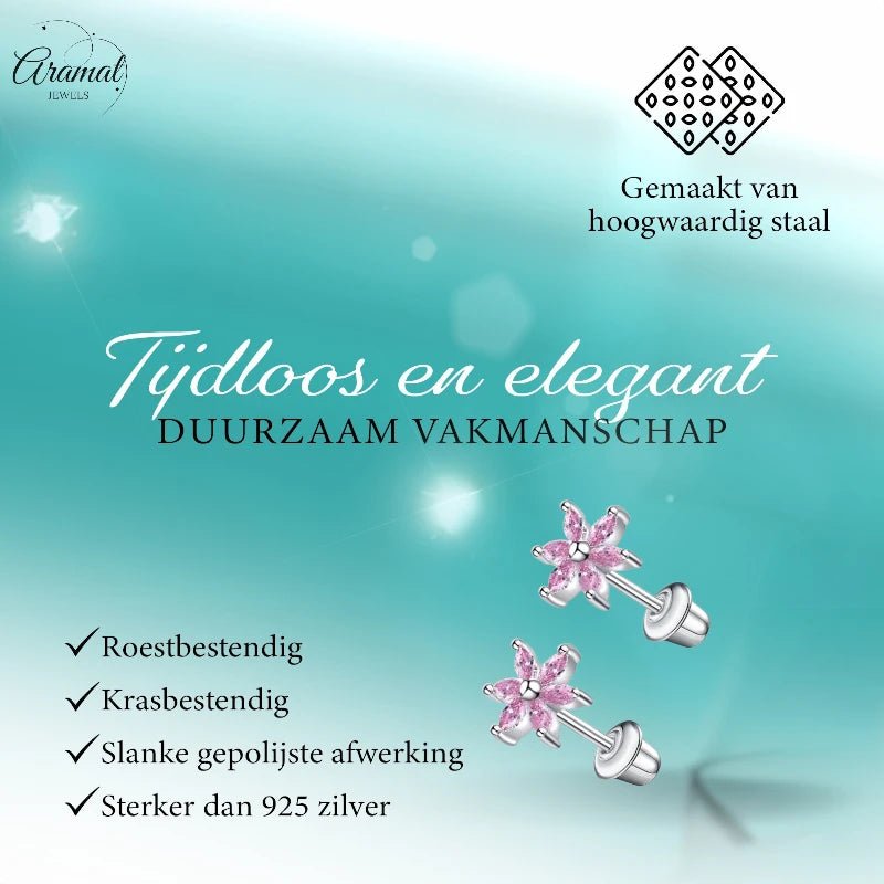 RVS Bloem Oorbellen - Roze Zirkonia 8mm - schroefsluiting - oor6278 - 72447 - Oorbellen kopen# - 8mm - alles - bloem