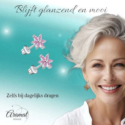 RVS Bloem Oorbellen - Roze Zirkonia 8mm - schroefsluiting - oor6278 - 72447 - Oorbellen kopen# - 8mm - alles - bloem