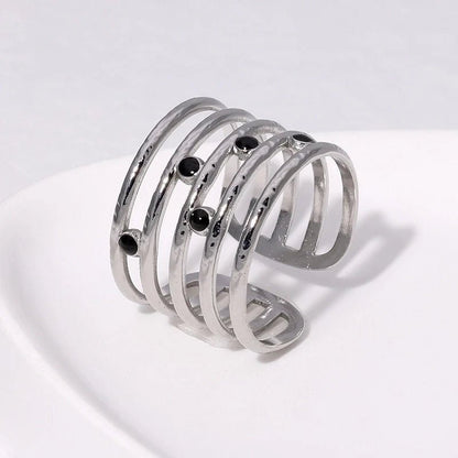 RVS Damesring Verstelbaar – 5 Lijnen & Zwarte Emaille – One Size - ring339 - 73896 - Ringen kopen# - Zilverkleur - alles - boho
