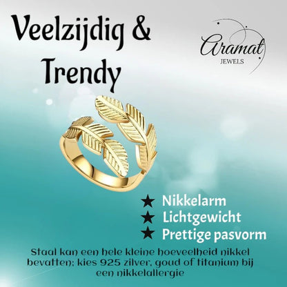 RVS Damesring Verstelbaar – Brede Open Veertjesvorm – 15 mm - ring344 - 2981 - Ringen kopen# - Zilverkleur - alles - boho