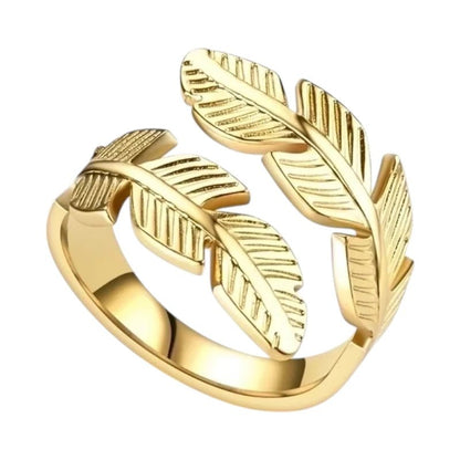 RVS Damesring Verstelbaar – Brede Open Veertjesvorm – 15 mm - ring348 - 2990 - Ringen kopen# - Goudkleur - alles - boho