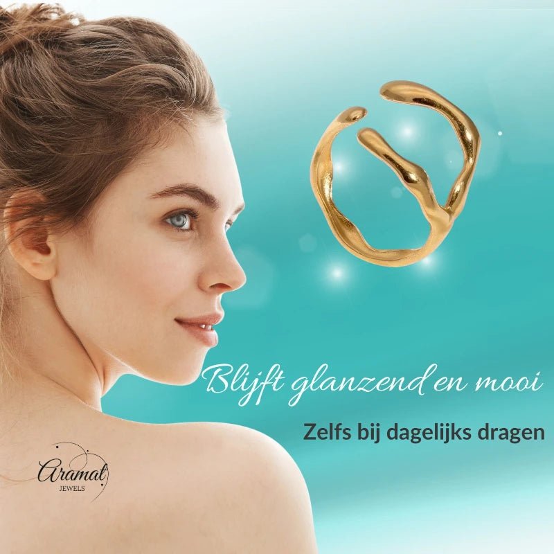 RVS Damesring Verstelbaar – Grillige Brede Open Ring – 16 mm - ring346 - 73897 - Ringen kopen# - Goudkleur - alles - boho