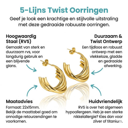RVS Goudkleurige Halve Oorringen 22x15mm - 5 Lijnen Twist - Aramat Jewels - Oorbellen - cadeautip