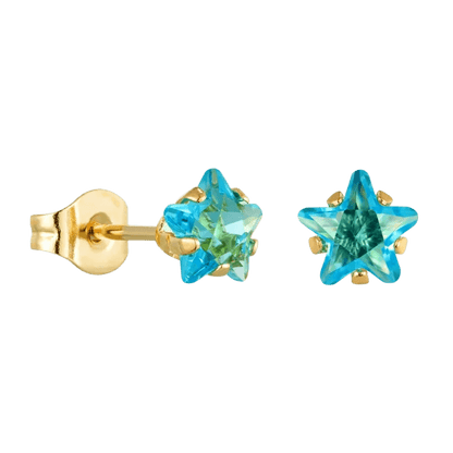 Paar gouden oorbellen met stervormige blauwe edelstenen.