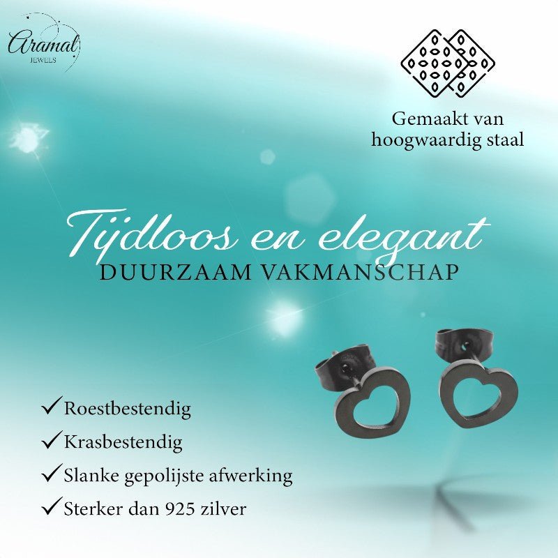 RVS Hartjes Oorbellen Zwart 9x8mm Open Stoer - Aramat Jewels - Oorbellen - cadeautip