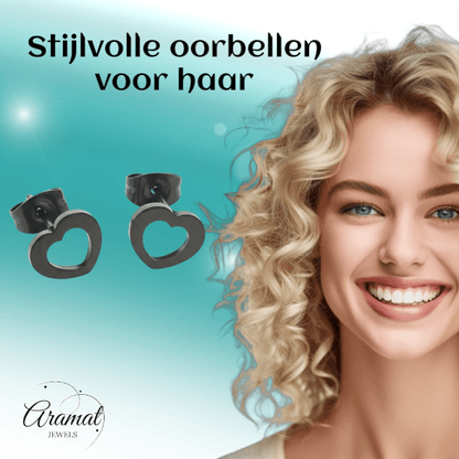 RVS Hartjes Oorbellen Zwart 9x8mm Open Stoer - Aramat Jewels - Oorbellen - cadeautip