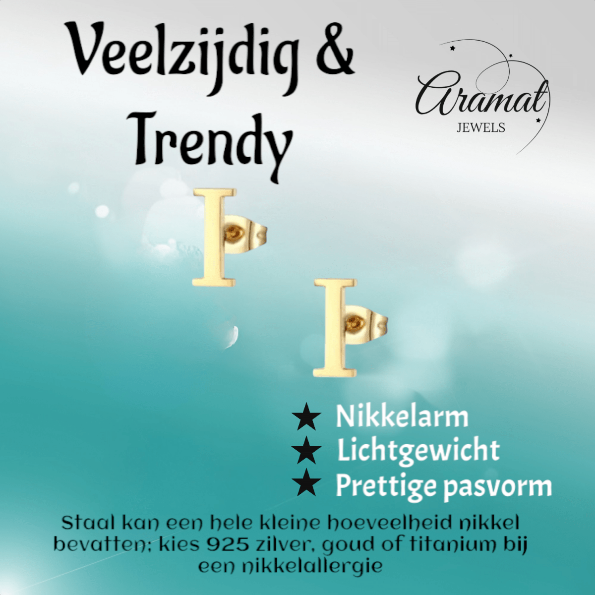 RVS letter I oorstekers goudkleurig - Aramat Jewels - Oorbellen - cadeautip