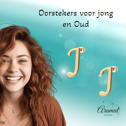 RVS letter J oorstekers goudkleurig - Aramat Jewels - Oorbellen - cadeautip