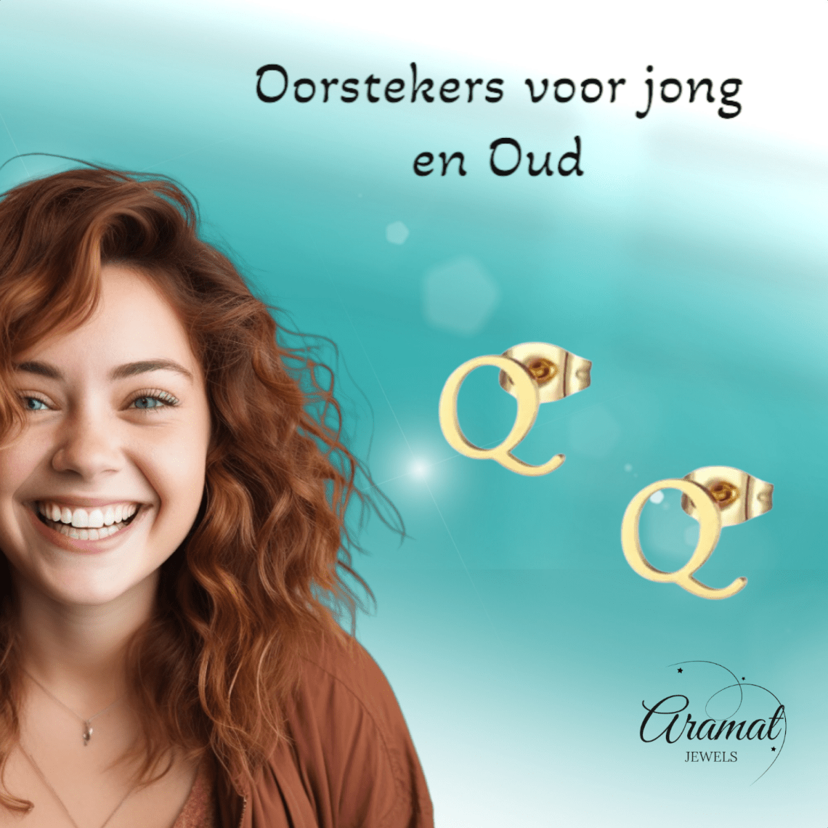 RVS letter Q oorstekers goudkleurig - Aramat Jewels - Oorbellen - cadeautip