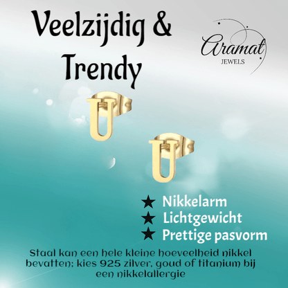 RVS Letter U Oorbellen Goudkleurig – Initiaal - Aramat Jewels - Oorbellen - cadeautip