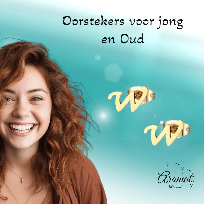 RVS Letter W Oorbellen Goudkleurig – Initiaal - Aramat Jewels - Oorbellen - cadeautip