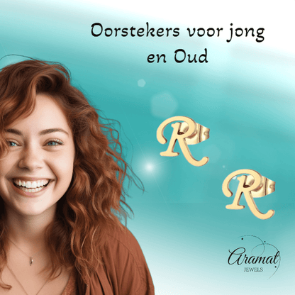 RVS Oorbellen Letter R – Goudkleurig – 10 mm - Aramat Jewels - Oorbellen - cadeautip