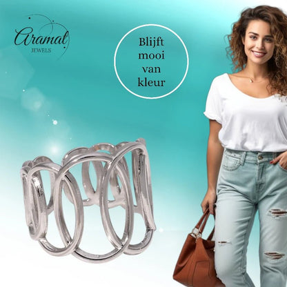 RVS Verstelbare Open Ring - Overlappende Ovalen - One Size - ring314 - 73894 - Ringen kopen# - Zilverkleur - alles - bali