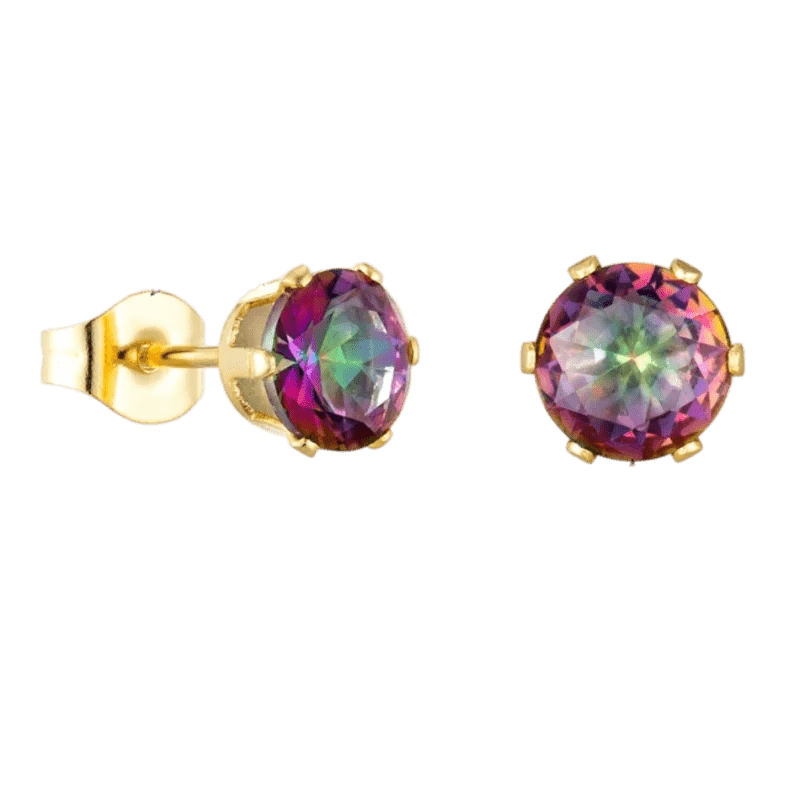 Set gouden oorbellen met veelkleurige edelstenen.