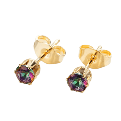 Paar gouden oorbellen met veelkleurige edelstenen.