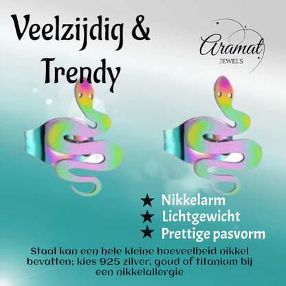 Slang Oorbellen Regenboog RVS – 12x7mm – Uniseks Dierenoorbellen - oor4891 - Oorbellen kopen# - 12mm - alles - cadeau