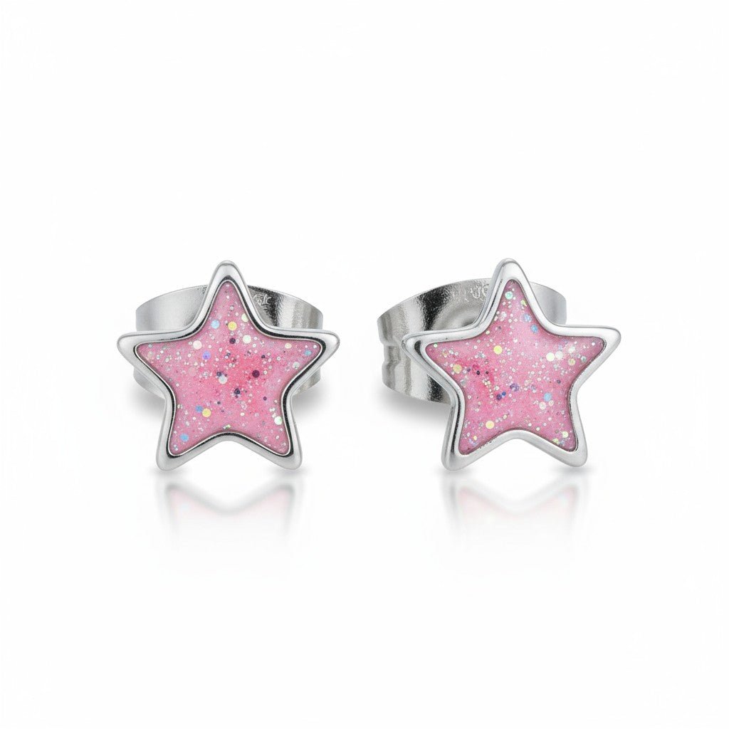 Stalen Emaille oorbellen ster met glitters - Aramat Jewels - Oorbellen - cadeautip