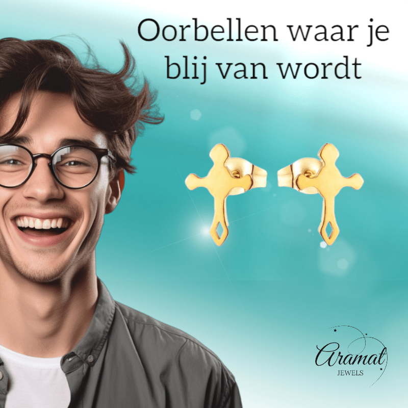 Stalen Hartjes Oorbellen met kruisje – Goudkleur – 11x7mm - Aramat Jewels - Oorbellen - cadeautip