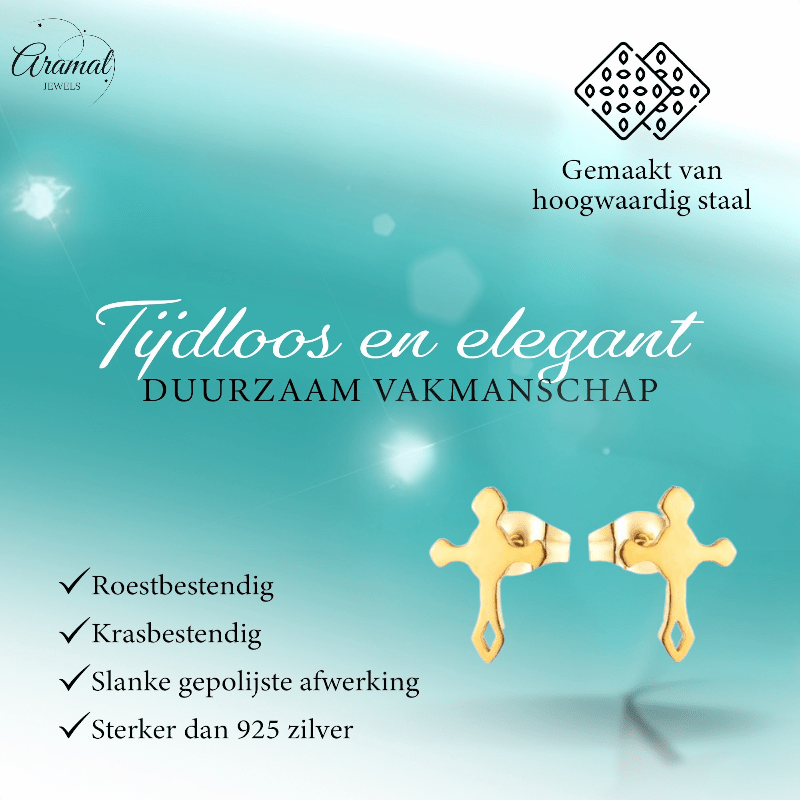 Stalen Hartjes Oorbellen met kruisje – Goudkleur – 11x7mm - Aramat Jewels - Oorbellen - cadeautip