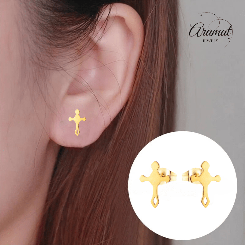 Stalen Hartjes Oorbellen met kruisje – Goudkleur – 11x7mm - Aramat Jewels - Oorbellen - cadeautip