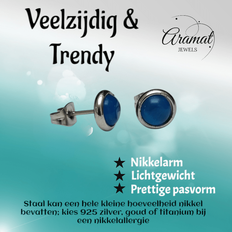 Stalen Kattenoog Oorbellen 8mm – Donkerblauw - Aramat Jewels - Oorbellen - cadeautip