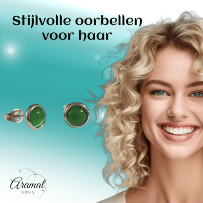 Stalen Kattenoog Oorbellen 8mm – Groen - Aramat Jewels - Oorbellen - cadeautip