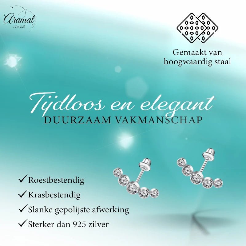 Stalen Kinder Oorbellen Bar - 5 Zirkonia Steentjes - Schroefsluiting - 14x5mm - oor6265 - 72431 - Oorbellen kopen# - 14mm - alles