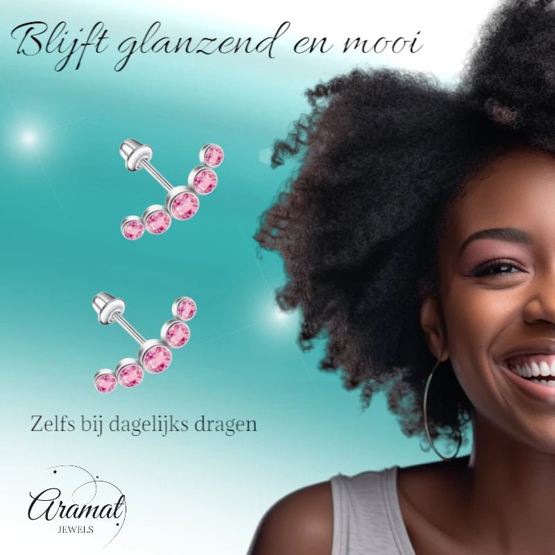 Stalen Kinder Oorbellen - Bar met 5 Roze Zirkonia Steentjes - Schroefsluiting - 14x5mm - oor6266 - 72433 - Oorbellen kopen# - 14mm - alles