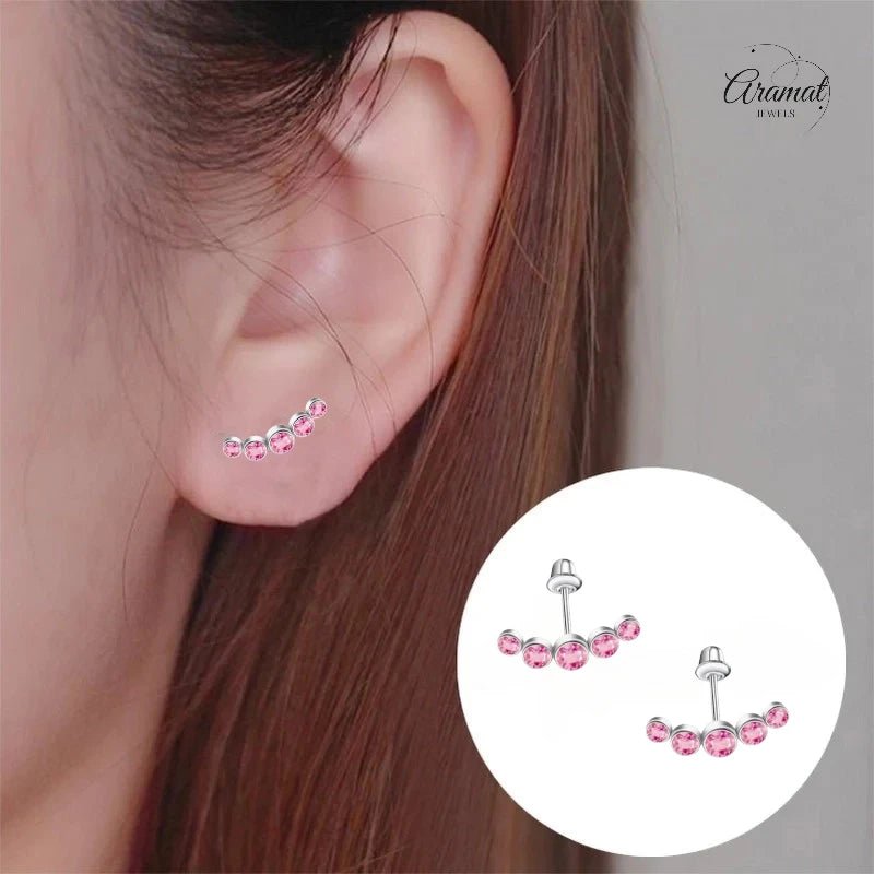Stalen Kinder Oorbellen - Bar met 5 Roze Zirkonia Steentjes - Schroefsluiting - 14x5mm - oor6266 - 72433 - Oorbellen kopen# - 14mm - alles