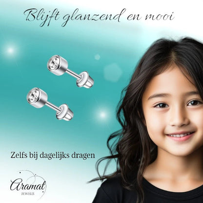 Stalen kinderoorbellen - ronde zirkonia oorknopjes 4mm - schroefsluiting - oor6260 - 72426 - Oorbellen kopen# - 4mm - alles