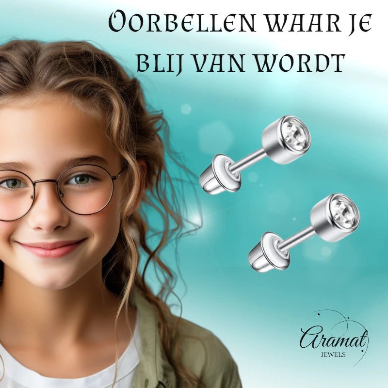 Stalen kinderoorbellen - ronde zirkonia oorknopjes 4mm - schroefsluiting - oor6260 - 72426 - Oorbellen kopen# - 4mm - alles