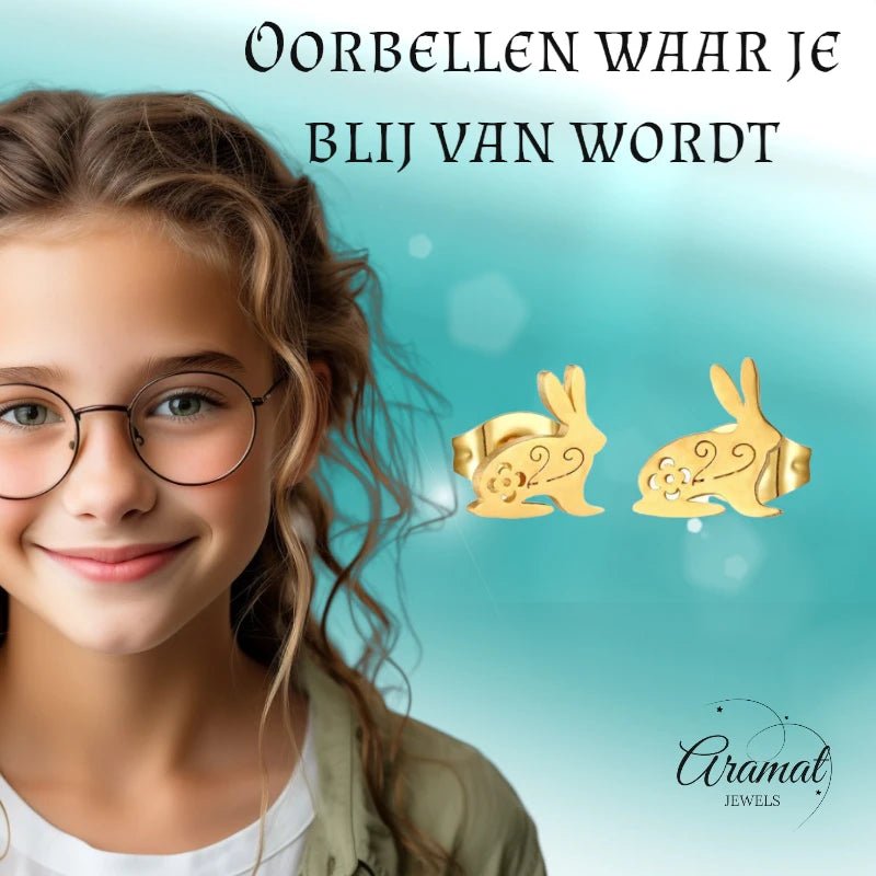 Stalen Konijn Oorbellen – Goudkleurig RVS – 8x7mm – Dieren Oorstekers - oor1601 - Oorbellen kopen# - 8mm - alles - cadeau