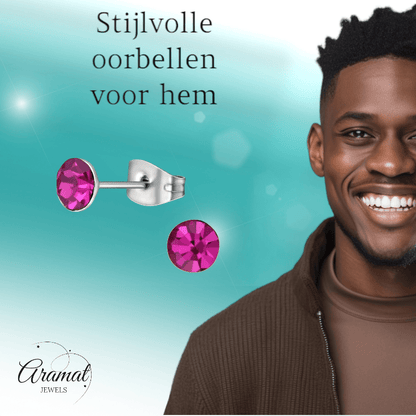 Stalen Kristal Oorbellen met fuchsiaroze steentje – Zilverkleur – 5mm - Aramat Jewels - Oorbellen - cadeautip