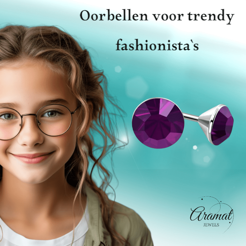 Stalen Kristal Oorbellen met paars steentje – Zilverkleur – 3mm - Aramat Jewels - Oorbellen - cadeautip