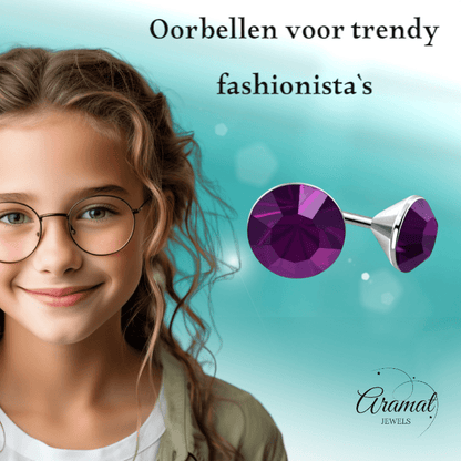 Stalen Kristal Oorbellen met paars steentje – Zilverkleur – 3mm - Aramat Jewels - Oorbellen - cadeautip
