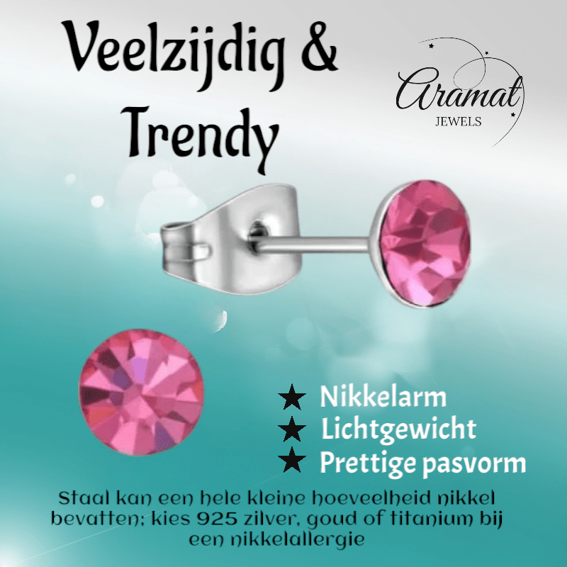 Stalen Kristal Oorbellen met roze steentje – Zilverkleur – 5mm - Aramat Jewels - Oorbellen - cadeautip