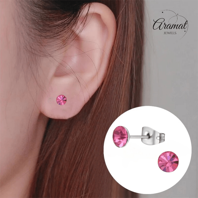 Stalen Kristal Oorbellen met roze steentje – Zilverkleur – 5mm - Aramat Jewels - Oorbellen - cadeautip