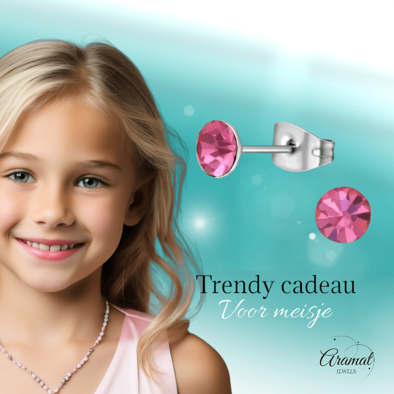 Stalen Kristal Oorbellen met roze steentje – Zilverkleur – 5mm - Aramat Jewels - Oorbellen - cadeautip