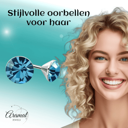 Stalen Kristal Oorbellen met saffierblauw steentje – Zilverkleur – 3mm - Aramat Jewels - Oorbellen - cadeautip
