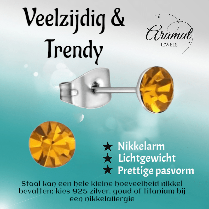 Stalen Kristal Oorbellen met topaas oranje steentje – Zilverkleur – 5mm - Aramat Jewels - Oorbellen - cadeautip