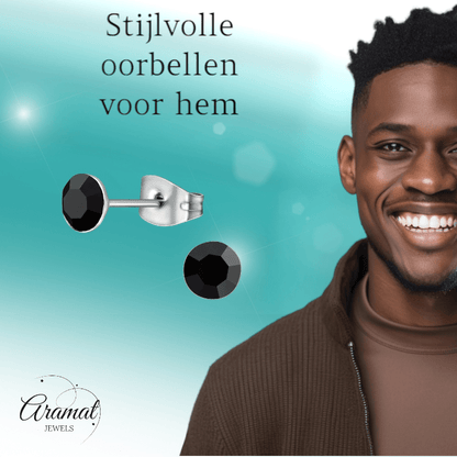 Stalen Kristal Oorbellen met zwart steentje – Zilverkleur – 5mm - Aramat Jewels - Oorbellen - cadeautip