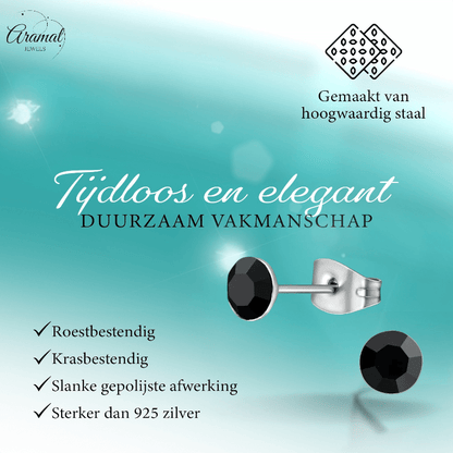 Stalen Kristal Oorbellen met zwart steentje – Zilverkleur – 5mm - Aramat Jewels - Oorbellen - cadeautip