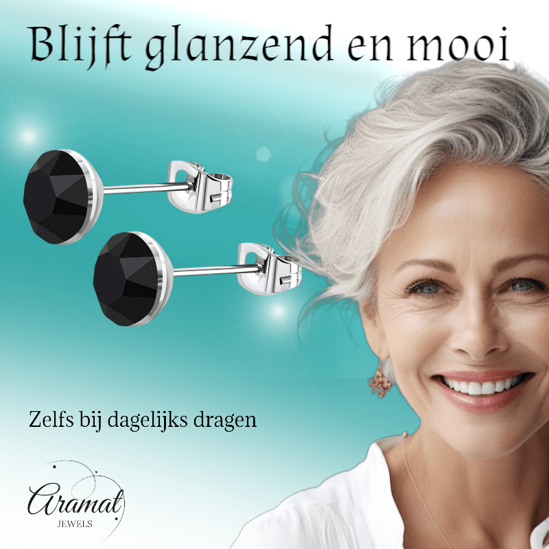 Stalen Kristal Oorbellen met zwarte steentjes – Zilverkleur – 4mm - Aramat Jewels - Oorbellen - cadeautip