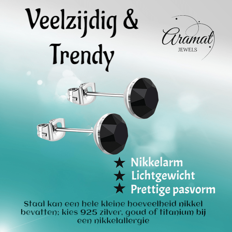 Stalen Kristal Oorbellen met zwarte steentjes – Zilverkleur – 4mm - Aramat Jewels - Oorbellen - cadeautip