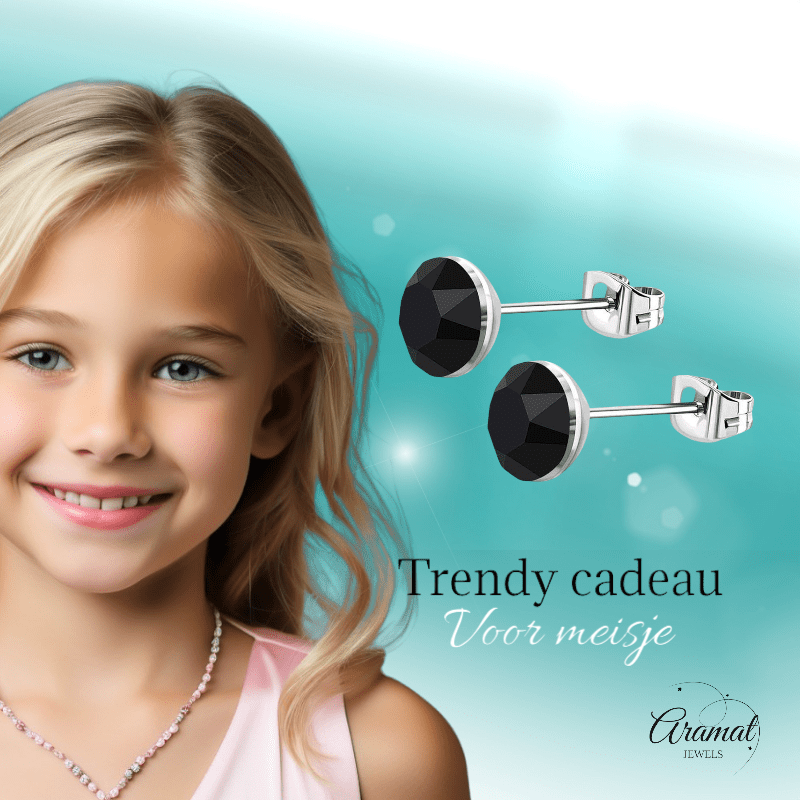 Stalen Kristal Oorbellen met zwarte steentjes – Zilverkleur – 4mm - Aramat Jewels - Oorbellen - cadeautip