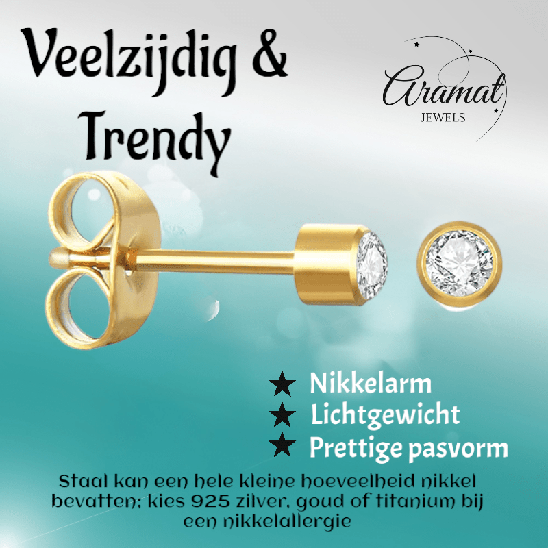 Stalen Kristallen Oorbellen - Goudkleur - 3mm - oor2087 - XE38688 - Oorbellen kopen# - 3mm - alles - cadeau
