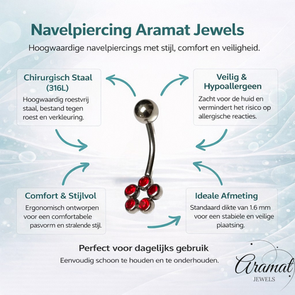 Stalen Navelpiercing met Rode Zirkonia Dots