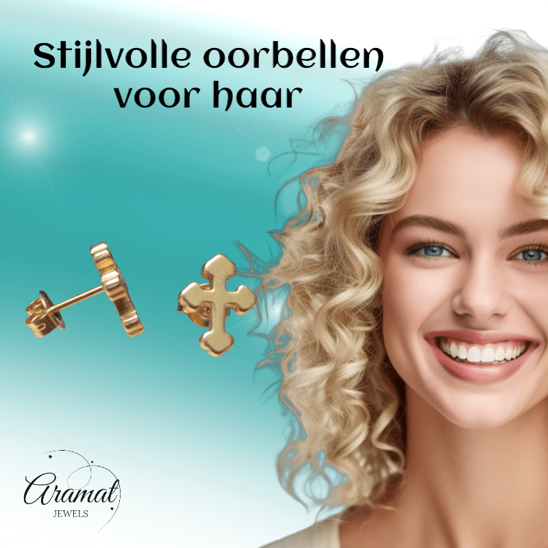 Stalen Oorbellen kruisje – Goudkleur – 11x9mm - Aramat Jewels - Oorbellen - cadeautip
