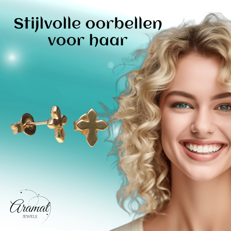 Stalen Oorbellen kruisje – Goudkleur – 8x7mm - Aramat Jewels - Oorbellen - cadeautip