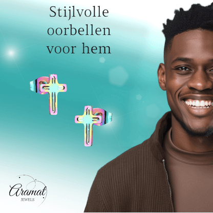 Stalen Oorbellen kruisje – Multikleur – 10x7mm - Aramat Jewels - Oorbellen - cadeautip